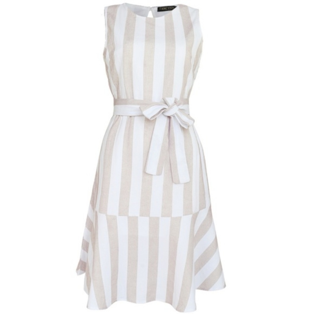 Sail Away Beige and White Striped Midi Dress - Picture 5 of 7